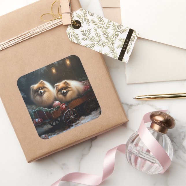 Sticker Carré Décor de Noël Poméranien Snowy Sleigh (Cadeaux)