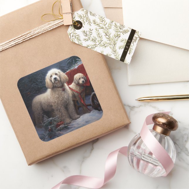 Sticker Carré Décor de Noël Traîneau enneigé Caniche (Cadeaux)