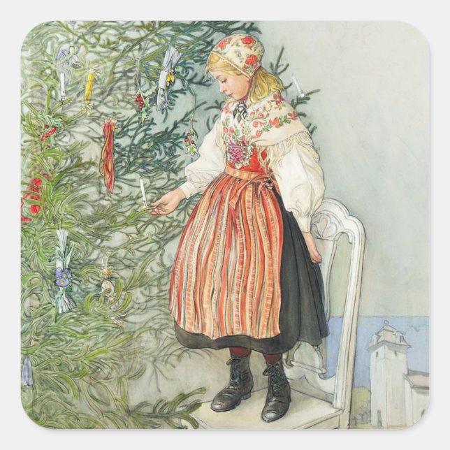 Sticker Carré Décorer l'arbre de Noël - Carl Larsson (Devant)