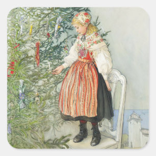 Sticker Carré Décorer l'arbre de Noël - Carl Larsson