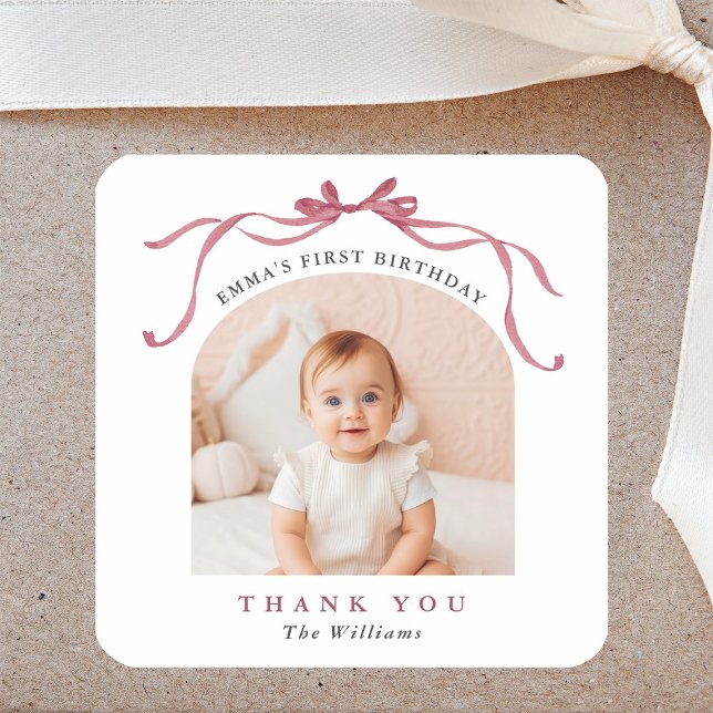 Sticker Carré Deep Blush Pink Bow Birthday Thank You (Créateur téléchargé)