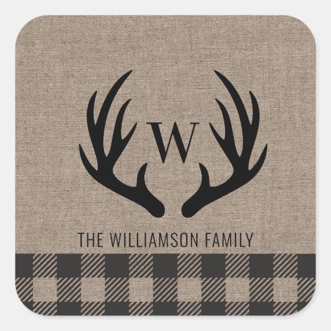 Sticker Carré Deer Antlers Rustic Burlap Nom de famille (Devant)