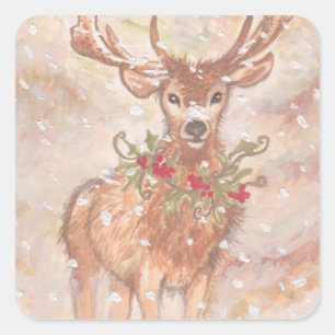 Sticker Carré Deer de vacances en neige