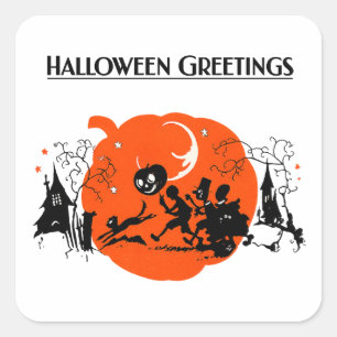 Sticker Carré Défilé d'Halloween de chat noir Art Déco vintage e