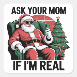 Sticker Carré Demande à ta mère Funny Santa Snarky Retro Noël