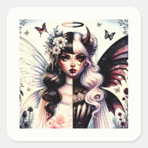 Sticker Carré Demi ange démon beauté sombre fée à l'aile brisée