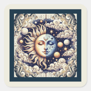 Sticker Carré Demi-soleil céleste vintage et bleu lune jaune