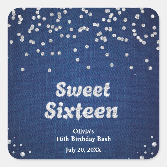 Sticker Carré Denim & Diamonds Sweet sixteen 16e anniversaire (Devant)