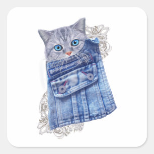 Sticker Carré Denim Jean poches, chatons et dentelle