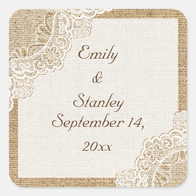 Sticker Carré Dentelle blanche rustique sur burlap mariage Enreg (Devant)