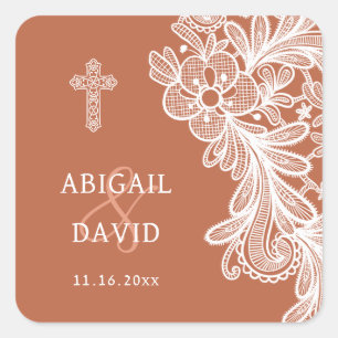 Sticker Carré Dentelle blanche sur Terracotta Mariage religieux