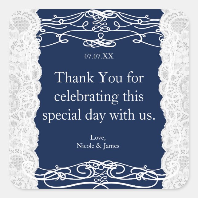Sticker Carré Dentelle Bleue & Blanc Élégant Mariage Faveur Stic (Devant)