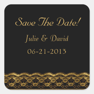 Sticker Carré Dentelle d'or sur Noir Mariage Enregistrer la date