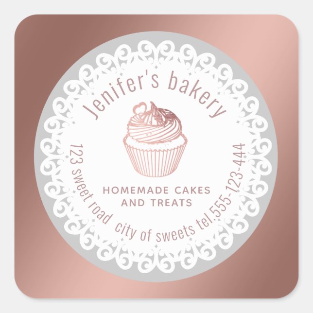 Sticker Carré Dentelle dorée rose cupcakes et gâteries maison (Devant)