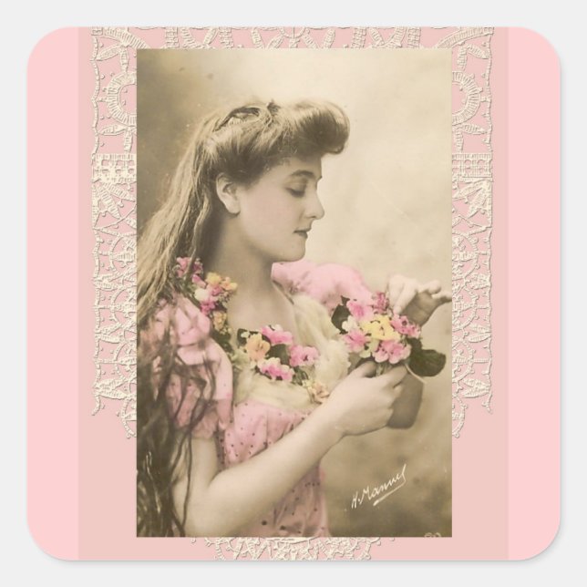 Sticker Carré dentelle et bouquets de fleurs lady victorienne (Devant)