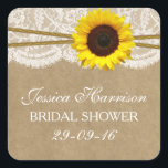 Sticker Carré Dentelle et Fête des mariées Twine Rustique Tourne<br><div class="desc">Ces autocollants rustiques de tournesol, kraft, dentelle et ficelle de douche nuptiale seront l'accessoire parfait pour toute future mariée! Le design est composé d'un arrière - plan rustique à effet kraft avec une finition vintage romantique à effet de dentelle blanche finie avec un superbe tournesol et une ficelle. Ces autocollants...</div>