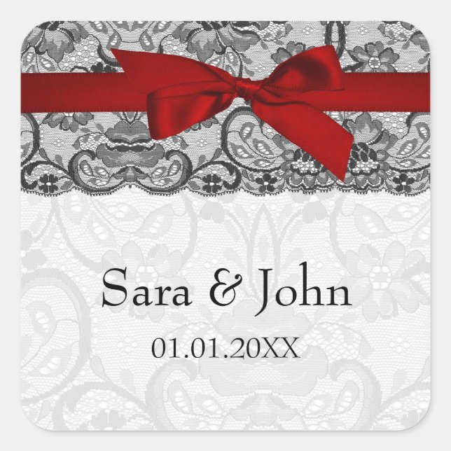 Sticker Carré Dentelle et ruban rouge, enveloppe noire (Devant)