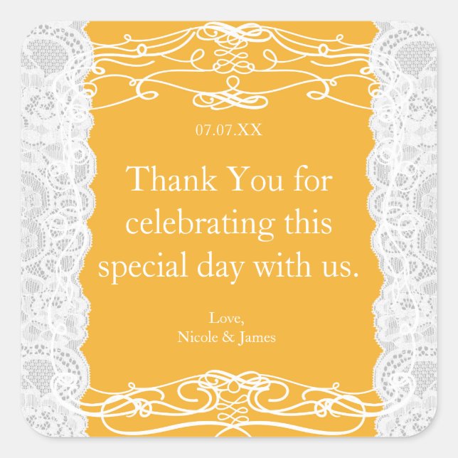 Sticker Carré Dentelle Jaune & Blanche Élégant Mariage Faveur St (Devant)