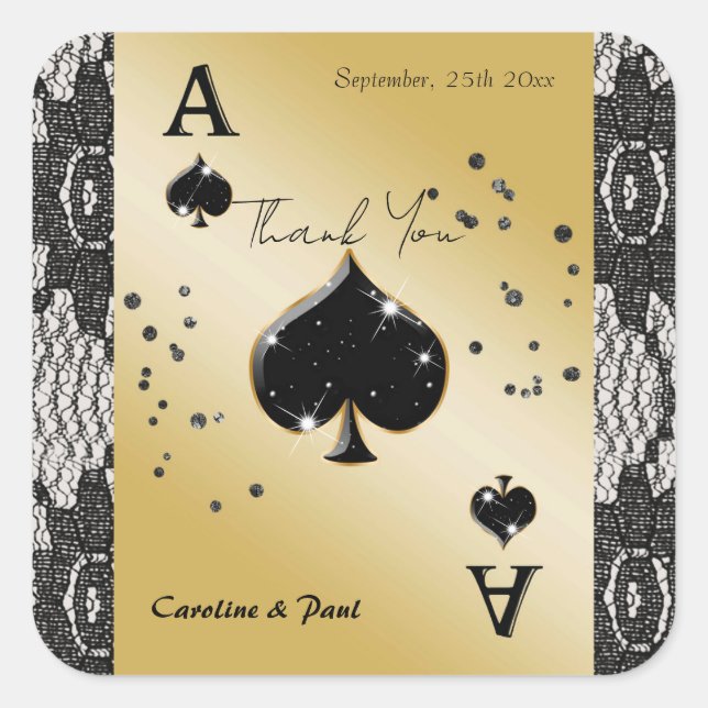 Sticker Carré Dentelle noire, As de pique, Merci pailleté noir (Devant)