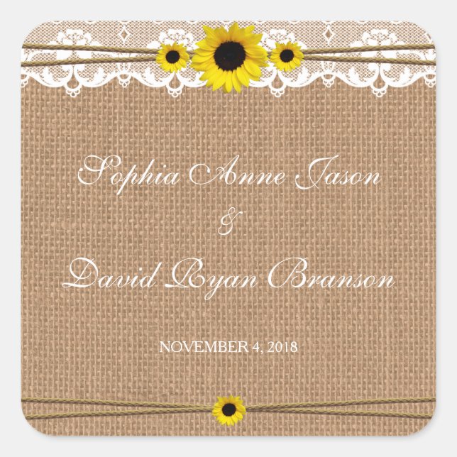Sticker Carré Dentelle rustique, Fleurs Solaires, Mariage Burlap (Devant)