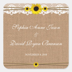 Sticker Carré Dentelle rustique, Fleurs Solaires, Mariage Burlap