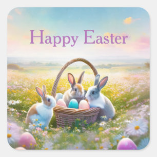 Sticker Carré Des lapins de Pâques à la recherche d'oeufs de Pâq