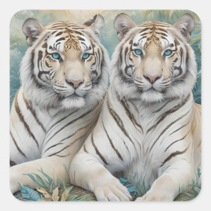 Sticker Carré Des tigres d'or pâles dans une jungle bleue verte