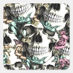 Sticker Carré Descente des crânes roses avec des papillons.