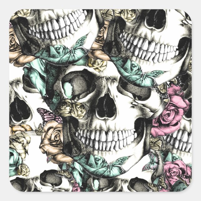 Sticker Carré Descente des crânes roses avec des papillons. (Devant)