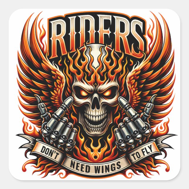 Sticker Carré Design audacieux du crâne avec des ailes et des ma (Devant)