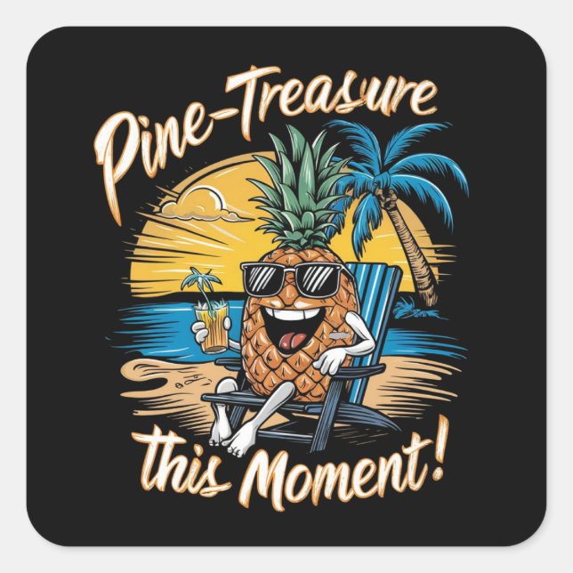 Sticker Carré Design avec un ananas sur une plage (Devant)