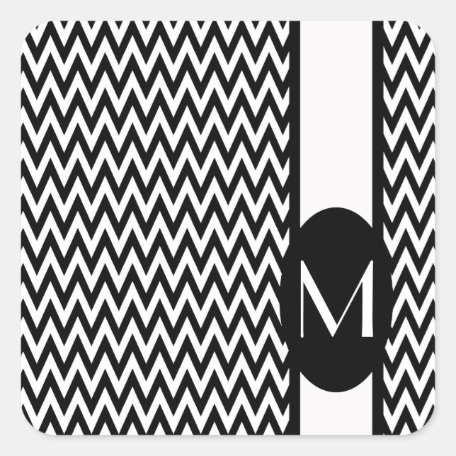 Sticker Carré Design Chevron élégant noir avec monogramme (Devant)