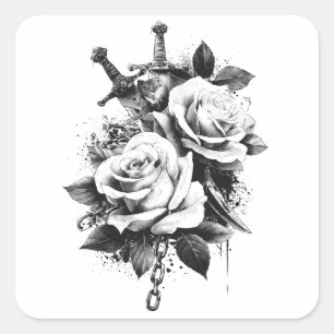 Sticker Carré Design d'art de tatouage noir et blanc à contraste