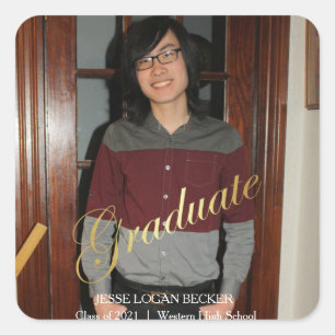Sticker Carré Design Gold Foil Script Graduate Photo