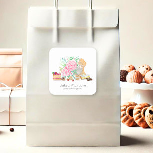 Sticker Carré Desserts Avec Mélangeur Et Roses Cuits Avec Amour