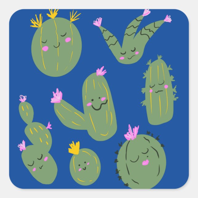 Sticker Carré Dessin animé de cactus drôle bleu (Devant)