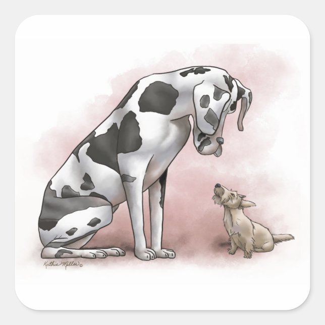 Sticker Carré Dessin animé de Dogue Allemand et Terrier Écossais (Devant)