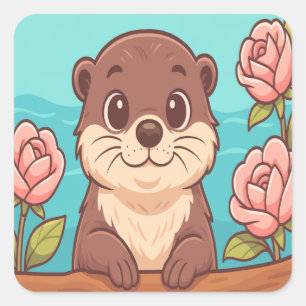 Sticker Carré Dessin animé de loutre mignonne avec des roses et 