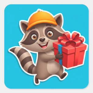 Sticker Carré Dessin animé de raton laveur mignon tenant une boî