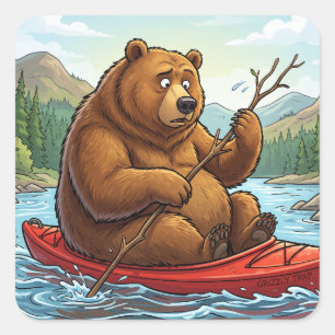 Sticker Carré Dessin animé d'ours grizzly drôle en kayak