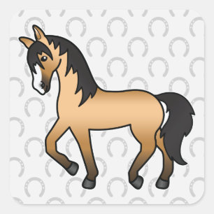 Sticker Carré Dessin animé d'un cheval buckskin au trot