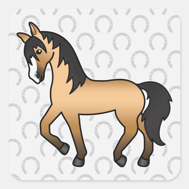Sticker Carré Dessin animé d'un cheval buckskin au trot (Devant)