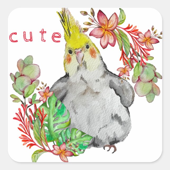 Sticker Carré Dessin d'aquarelle d'un perroquet amusant en fleur (Devant)