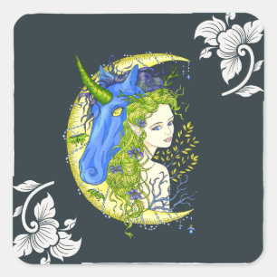 Sticker Carré Dessin de fille douce et licorne