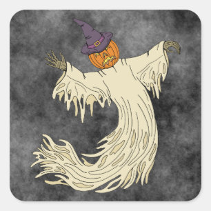 Sticker Carré Dessin de Halloween d'un Fantôme à Tête de Citroui