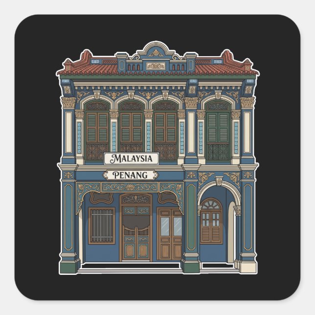 Sticker Carré Dessin de la façade élégante d'une maison commerça (Devant)
