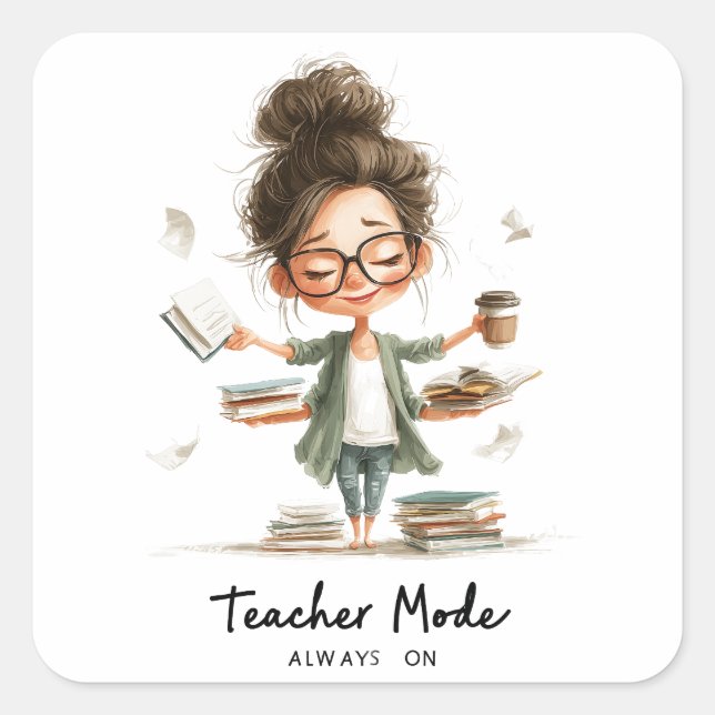 Sticker Carré Dessin de l'enseignant mignon avec "Mode enseignan (Devant)
