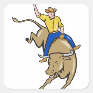 Sticker Carré Dessin de Rodeo Cowboy Bull Riding
