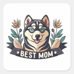 Sticker Carré Dessin de Whimson Siberian Husky Chig Maman