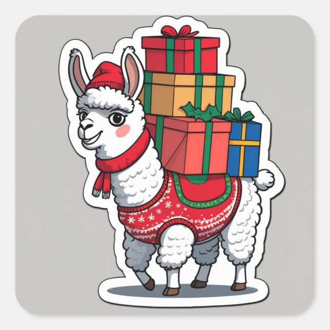 Sticker Carré Dessin drôle de lama de Noël – “Fa La La Llama” (Devant)